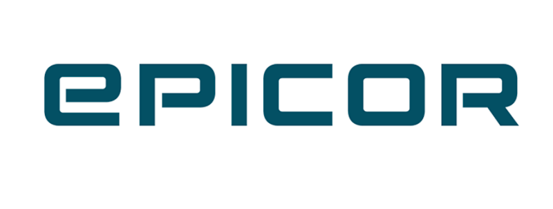 Epicor ecris en bleu gris sur fond blanc