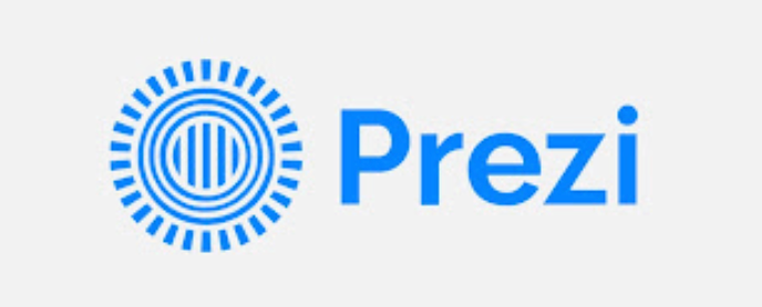 Prezi ecris en bleu clair sur fond blanc et a cote un rond rempli de rectancle et de cercles bleus