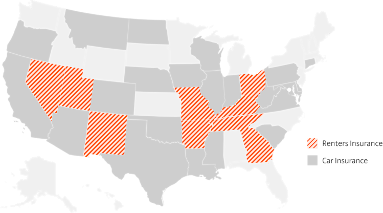Color-coded map of U.S. showing where Root offers car and renters insurance