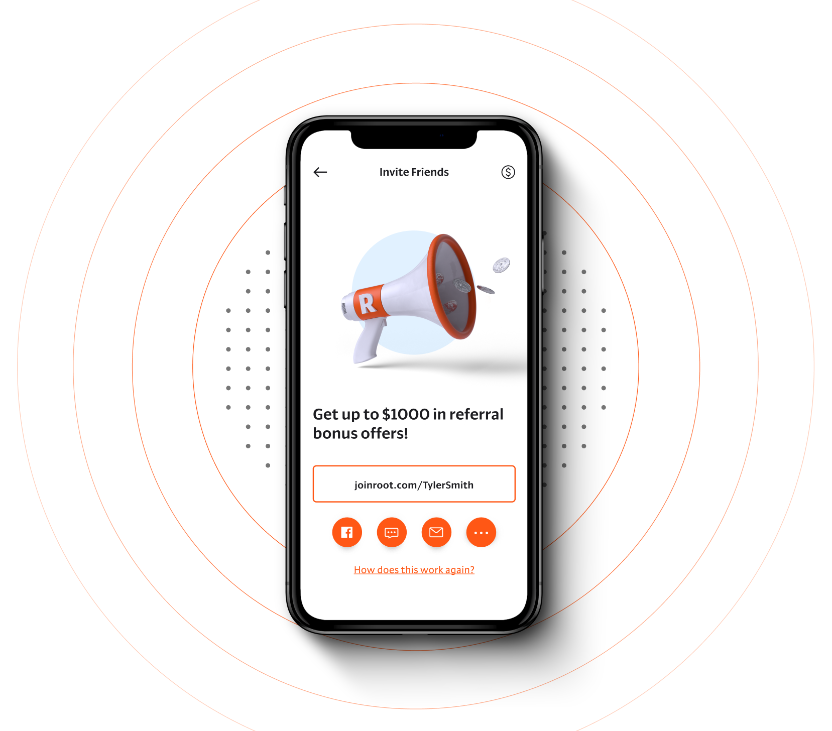 Referral link screen in Root app