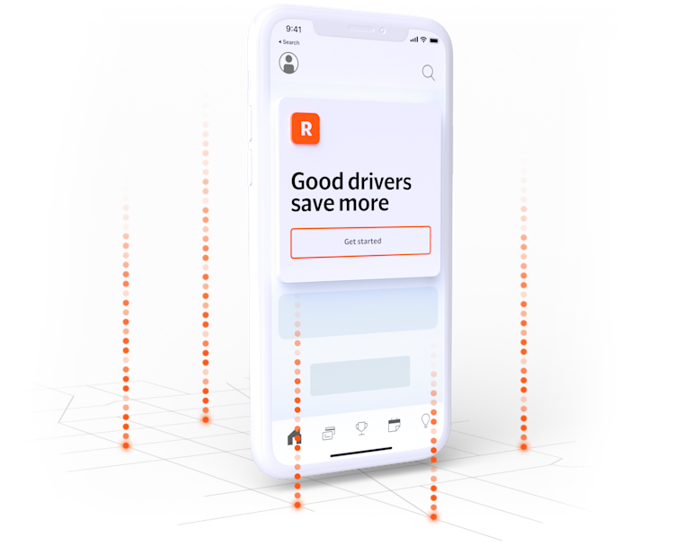 An app on a phone, featuring the Root logo, that says “Good drivers save more” and surrounded by a grid and orange signal dots
