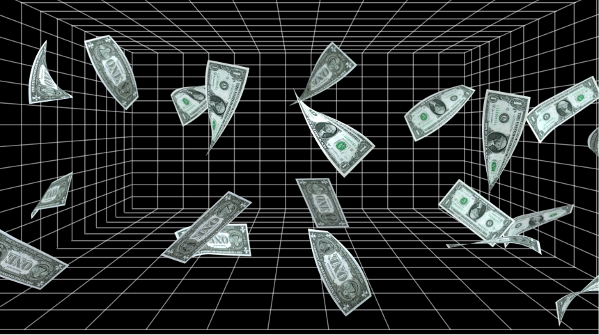 Dollar bills floating in the air