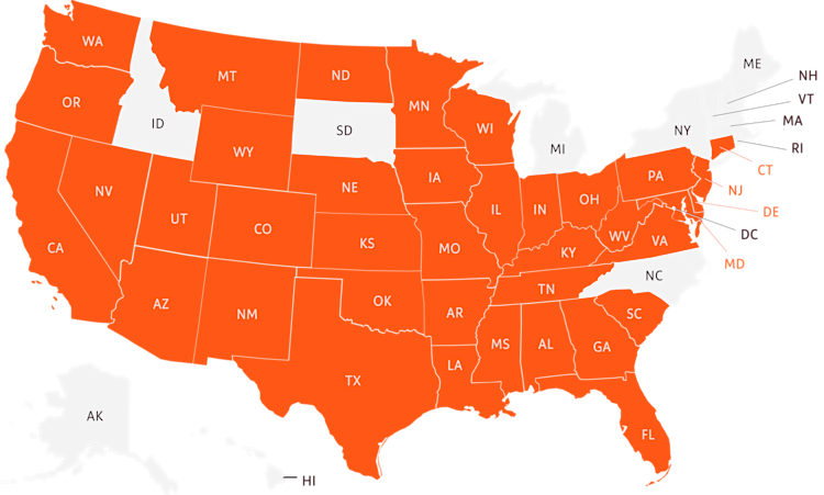 Map of the United States displaying orange coloring for states that Root provides auto insurance