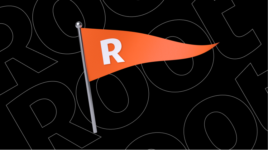 Orange triangle flag with the Root logo