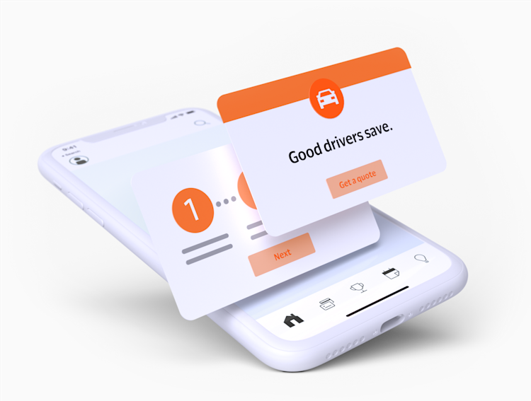 A phone with cards lying on top of it that say “Good drivers save” and show steps for continuing to get an insurance quote