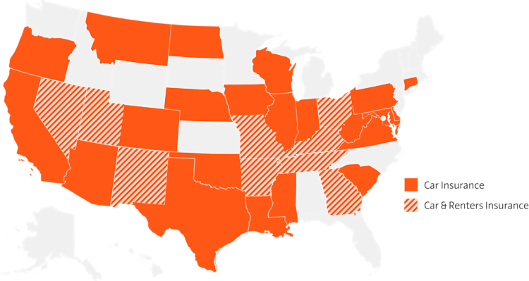 Color-coded map of U.S. showing where Root offers car and renters insurance