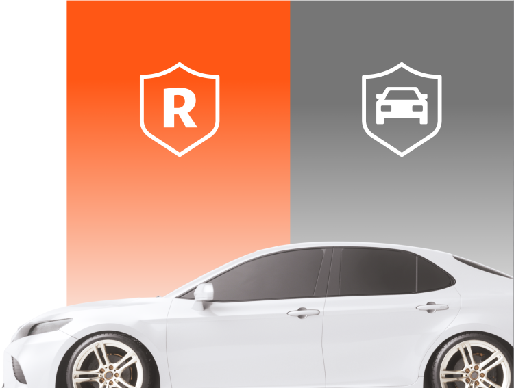 White car in front of half orange half gray background. Root shield icon and car shield icon on either side. 