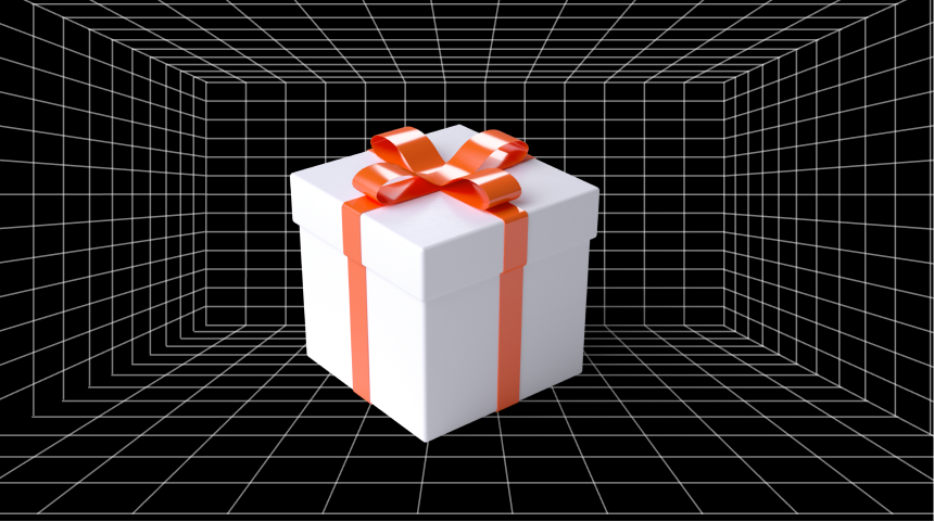 A white box wrapped in orange ribbon