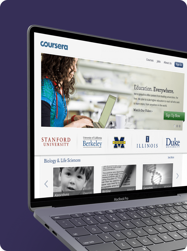 Coursera UI UX website design shown on a laptop computer with a purple background