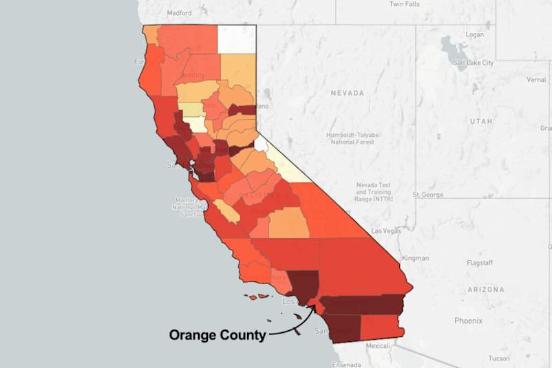 map of California pointing out Orange County