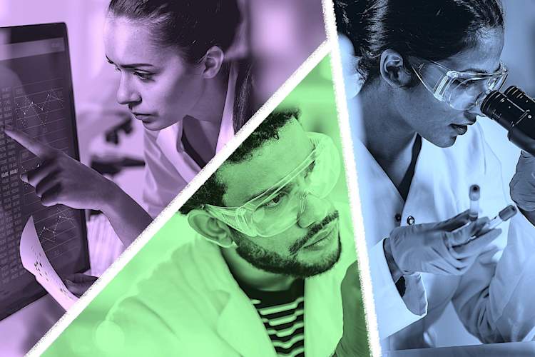 triptych of medical scientists performing lab and research duties