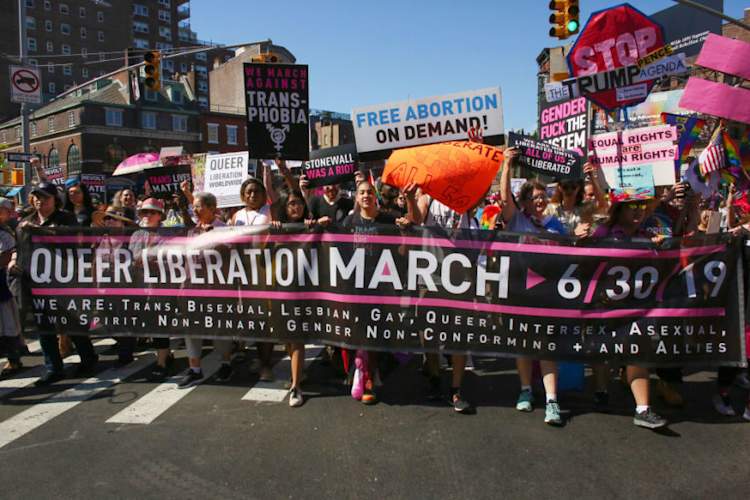 Activists participate in the Queer Liberation March on June 30, 2019 in New York City.