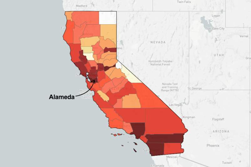 map of California pointing out Alameda County