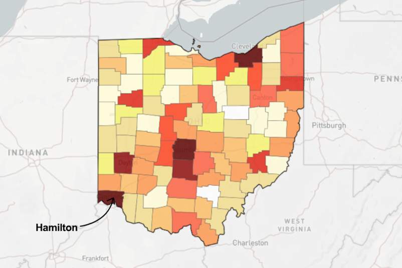 Map of Ohio with Hamilton county pointed out