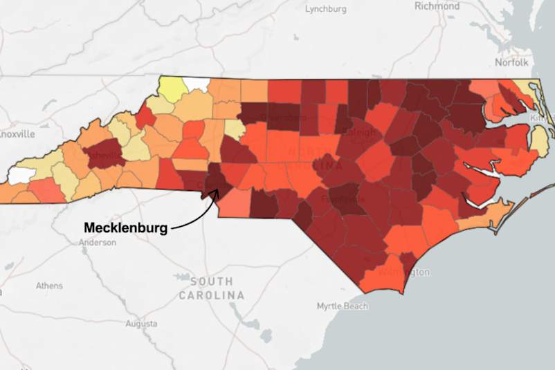 Map of North Carolina with Mecklenburg pointed out