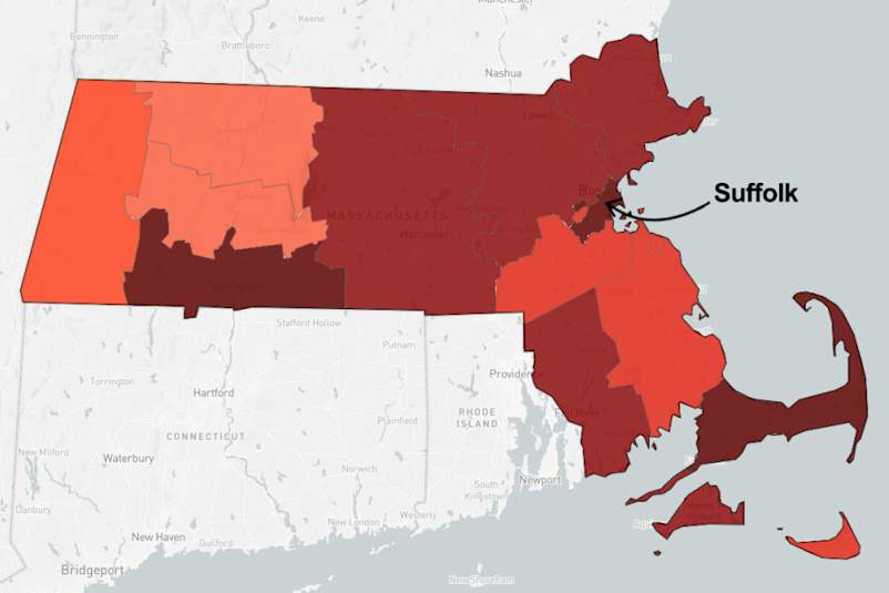 map of Massachusetts pointing out Suffolk county