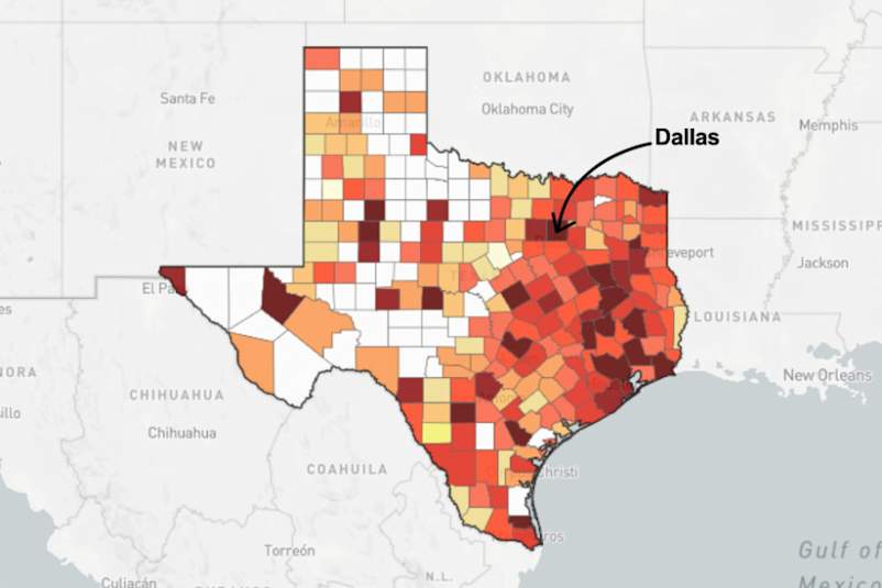 map of Texas with Dallas county pointed out