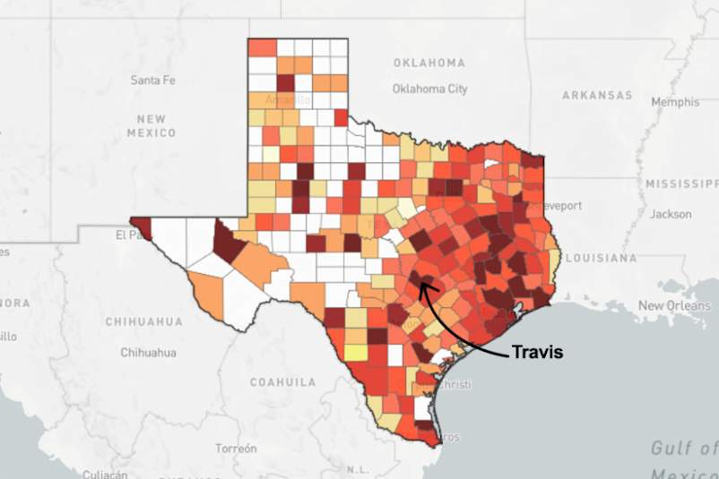 map of Texas pointing out Travis county