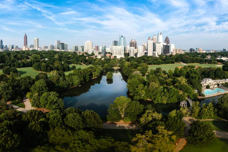 Atlanta Skyline with lake Lake Clara