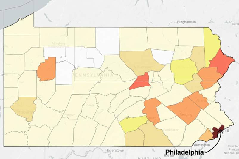 Map of PA pointing out Philadelphia county