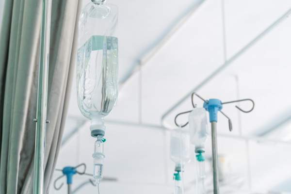 chemo room full of IV bags