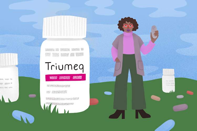 illustration of larger-than-life Triumeq bottle alongside a person holding a massive Triumeq pill
