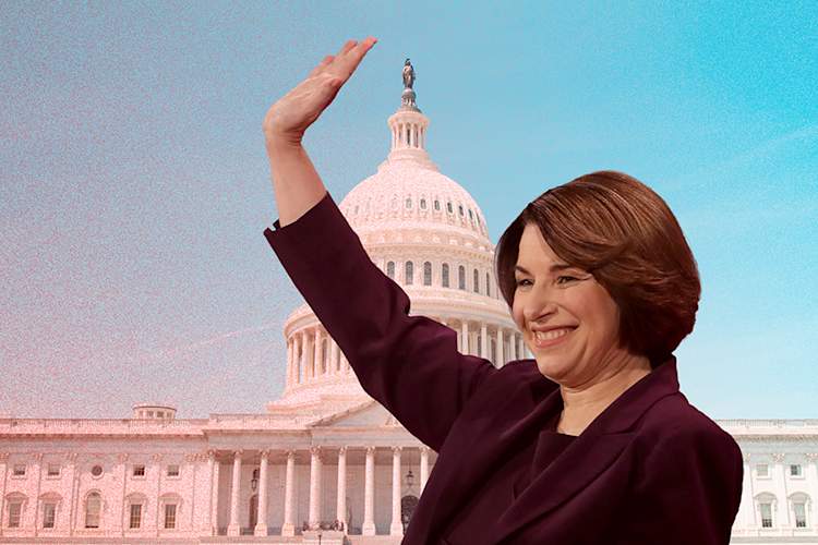 Sen. Amy Klobuchar superimposed over Capitol building