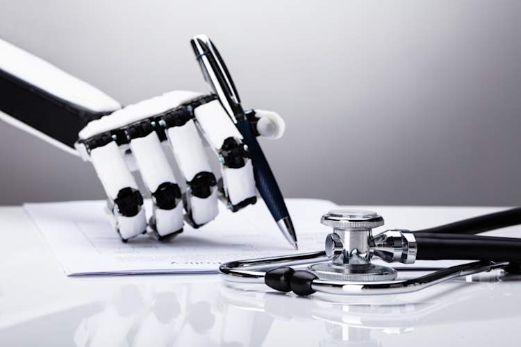 Robotic Hand with stethoscope writing prescription