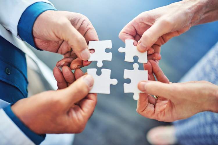 four hands holding puzzle pieces