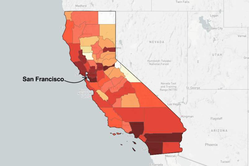 map of California pointing out San Francisco county