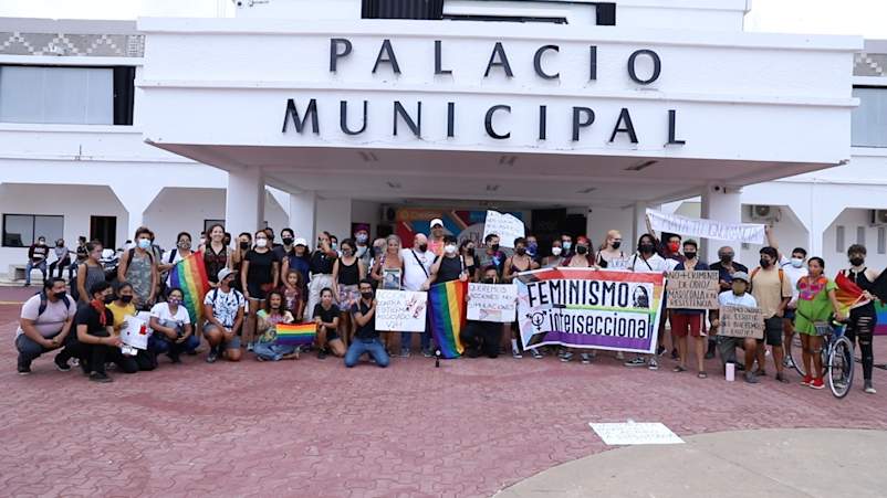 Activists protest for HIV and LGBTQ+ rights in Playa de Carmen after the alleged murder of a young man living with HIV