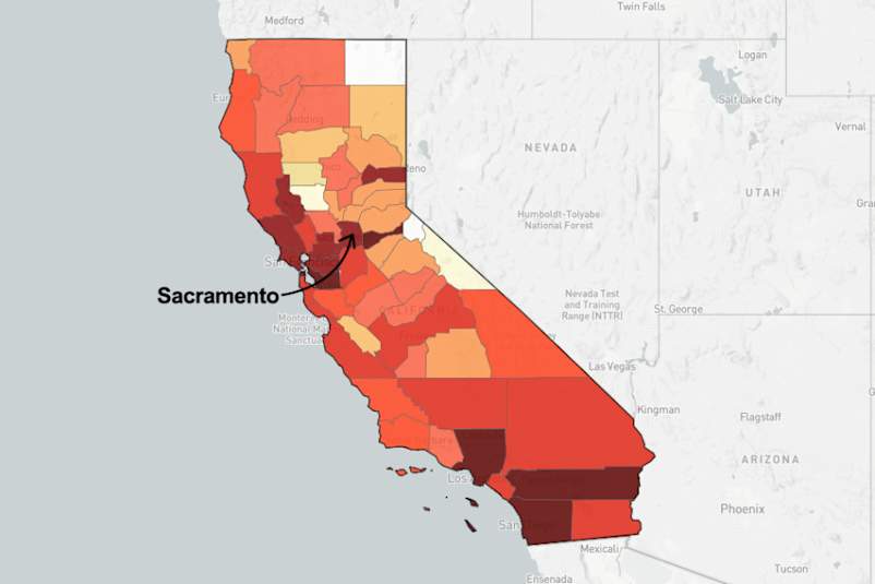 Map of California with Sacramento county pointed out