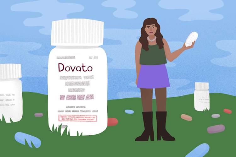 illustration of larger-than-life Dovato bottle alongside a person holding a massive Dovato pill