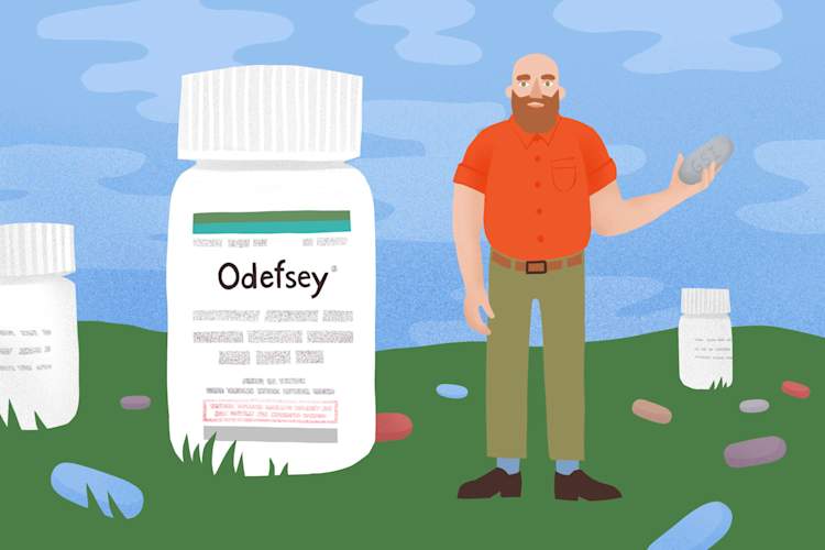 illustration of larger-than-life Odefsey bottle alongside a person holding a massive Odefsey pill