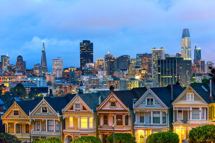 Painted Ladies Houses in San Francisco in evening