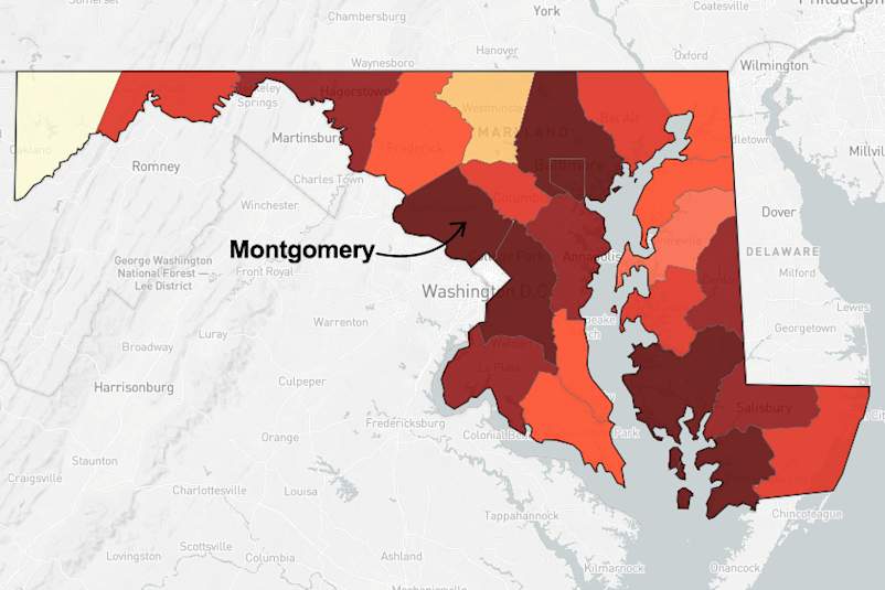 Map of Maryland pointing out Montgomery County