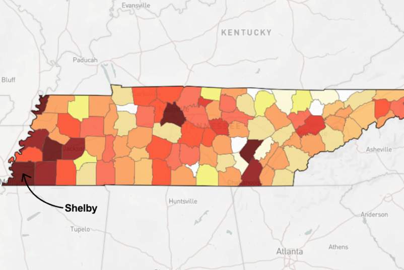Map of Tennessee pointing out Shelby county