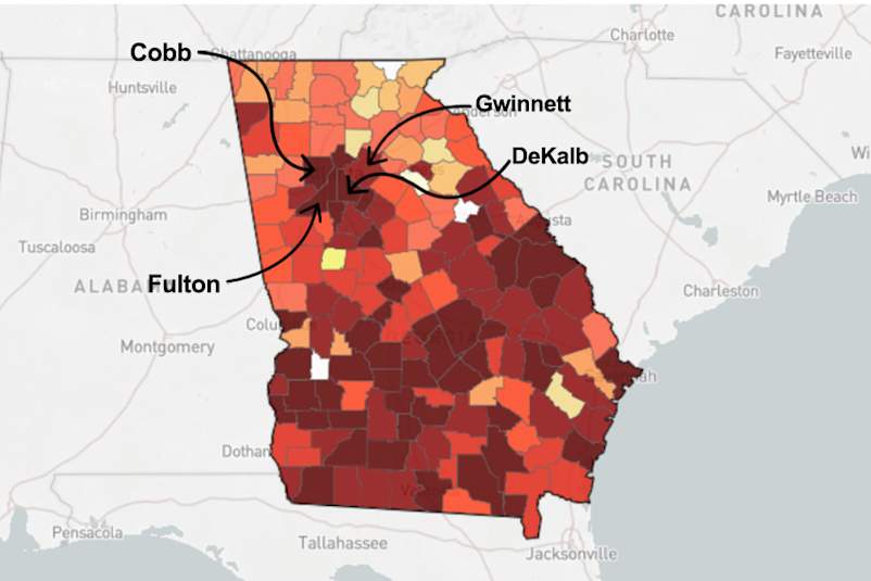 Map of Georgia with counties pointed out