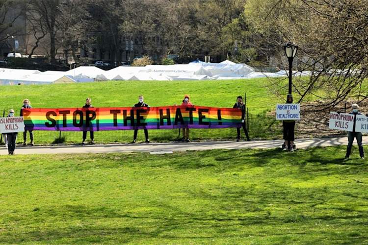 LGBTQ and HIV Activists Protest Anti-Gay Evangelical Group at Pop-Up COVID-19 Hospital in NYC.