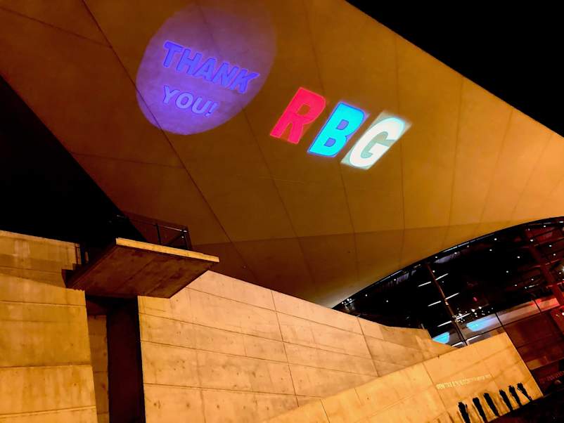 "Thank You! RBG" displayed on the underside of the roof of Arena Stage in Washington, D.C.