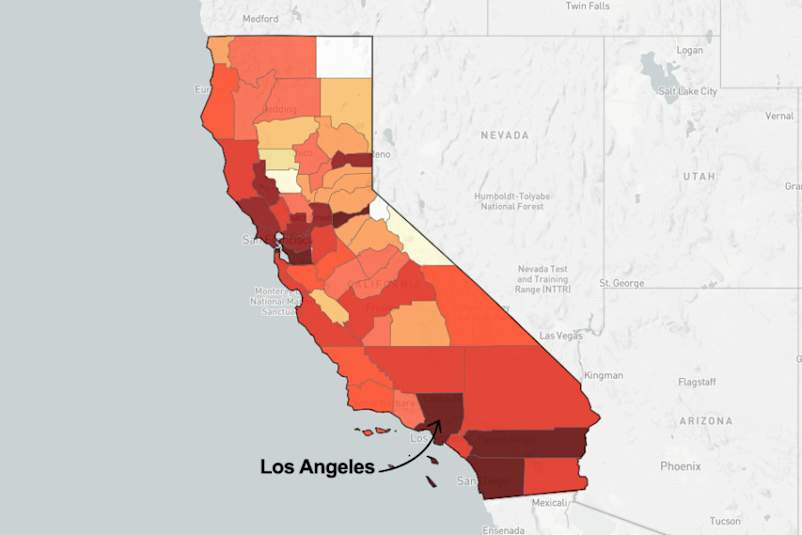 map of California with Los Angeles County pointed out