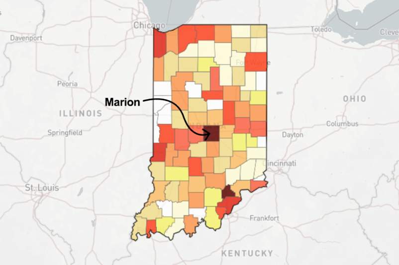 Map of Indiana with arrow pointing to Marion county