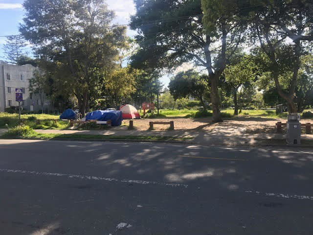 Encampments at People’s Park in Berkeley, California.
