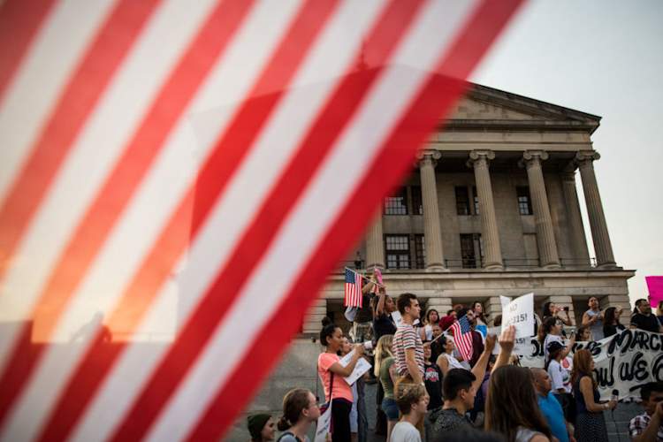 Activists protesting Tennessee law against sanctuary cities outside the Tennessee State Capitol on May 31, 2018 in Nashville, Tennessee