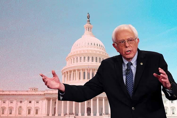 Bernie Sanders superimposed over Capitol building