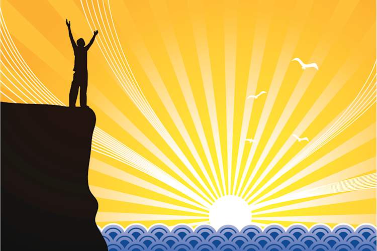 illustration of person on cliff with arms raised as sun rises/sets