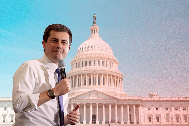 Pete Buttigieg superimposed over Capitol building