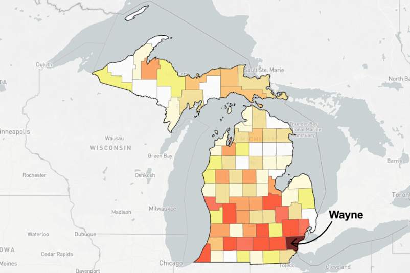 Map of Michigan with Wayne County pointed out