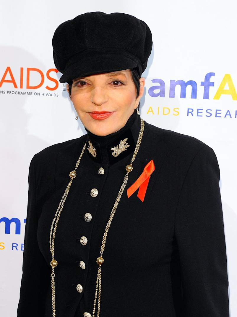 Liza Minnelli poses while wearing a small red AIDS awareness ribbon pinned near her left shoulder