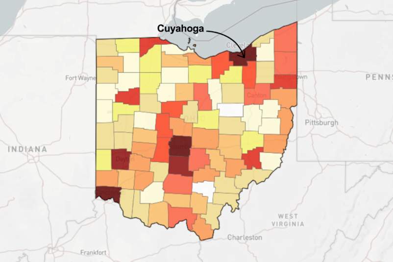 map of Ohio pointing out Cuyahoga
